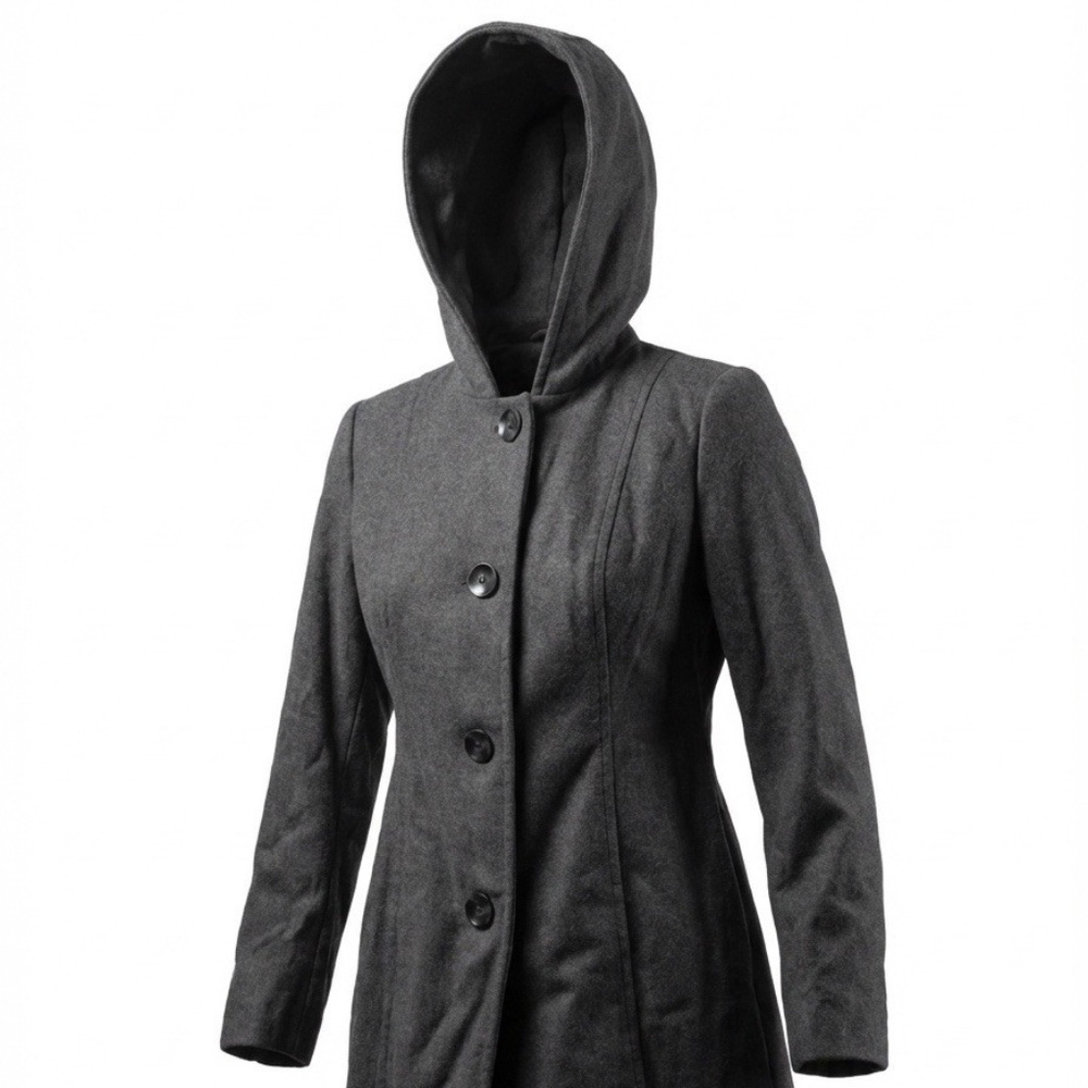 Anne Klein Coat Gray Wool Blend Button Hood Sz Small Peacoat Casual Chic Preppy - Picture 2 of 7